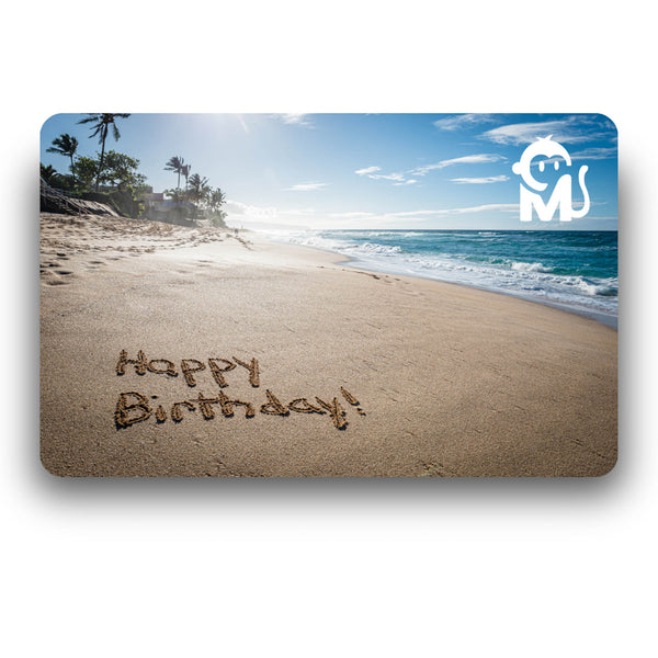 Digital gift card featuring a tropical beach with the words 'Happy Birthday' written in the sand