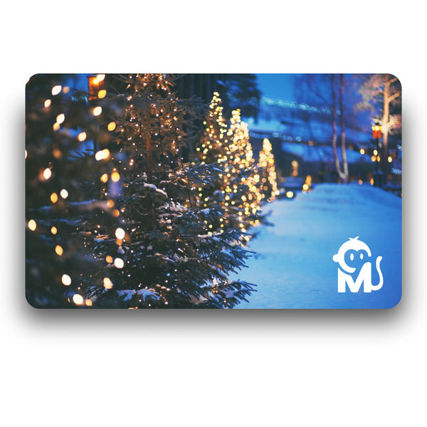 Digital gift card featuring pine trees covered in snow and lights