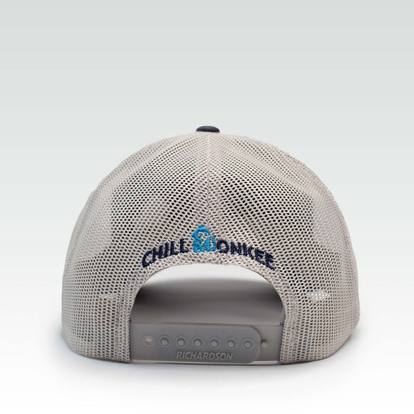 Rear view of the Iconic Monkee Low Pro Trucker Hat in navy heather and light grey