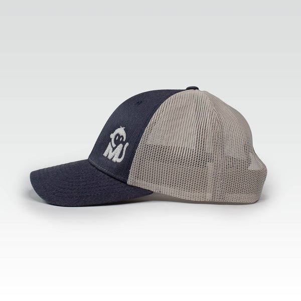 Side view of the Iconic Monkee Low Pro Trucker Hat in navy heather and light grey