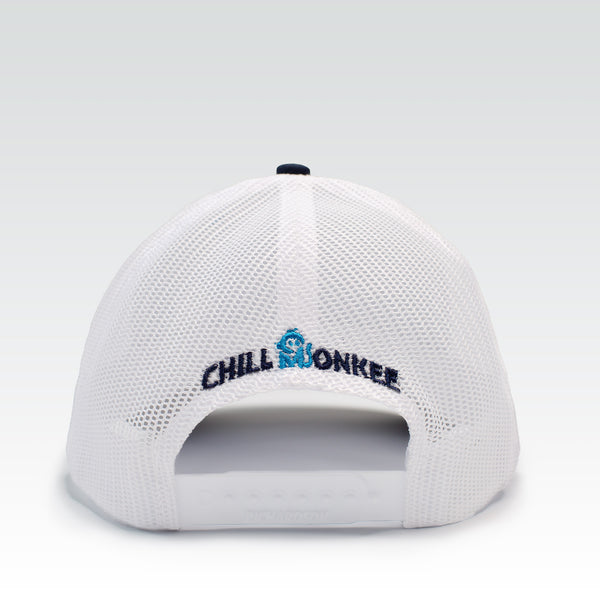 Rear view of the Iconic Monkee Mid Pro Trucker Hat in Columbia blue, white, and navy