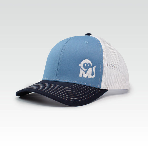 Front view of the Iconic Monkee Mid Pro Trucker Hat in Columbia blue, white, and navy