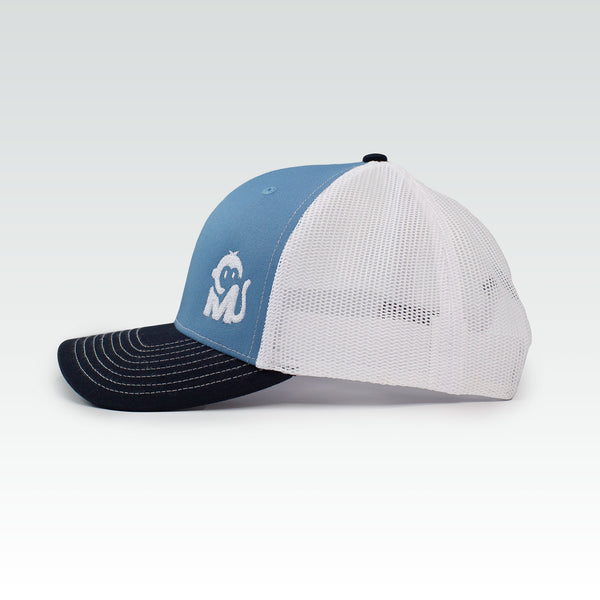 Side view of the Iconic Monkee Mid Pro Trucker Hat in Columbia blue, white, and navy