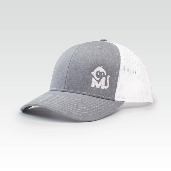 Front view of the Iconic Monkee Mid Pro Trucker Hat in heather grey and white