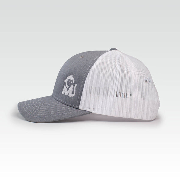 Side view of the Iconic Monkee Mid Pro Trucker Hat in heather grey and white