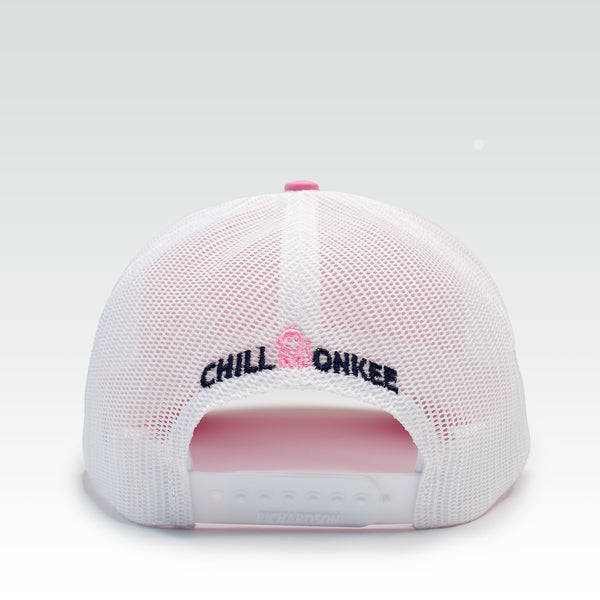 Rear view of the Iconic Monkee Mid Pro Trucker Hat in hot pink and white