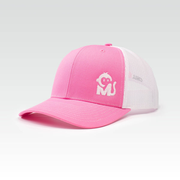 Front view of the Iconic Monkee Mid Pro Trucker Hat in hot pink and white