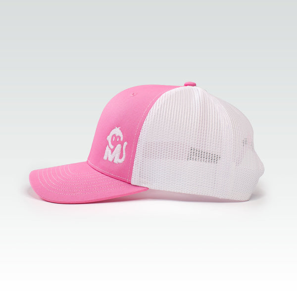 Side view of the Iconic Monkee Mid Pro Trucker Hat in hot pink and white