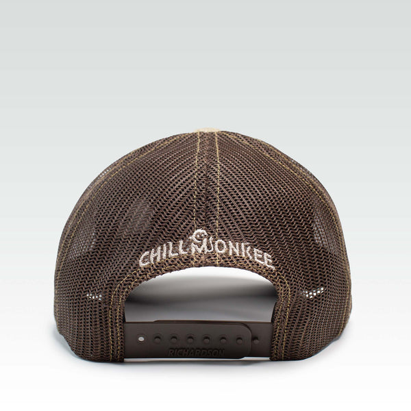 Rear view of the Iconic Monkee Multicam Trucker Hat in original and coyote brown