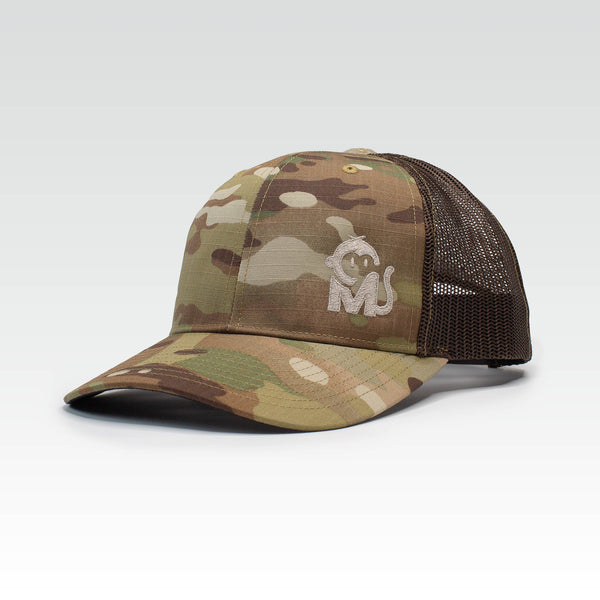 Front view of the Iconic Monkee Multicam Trucker Hat in original and coyote brown