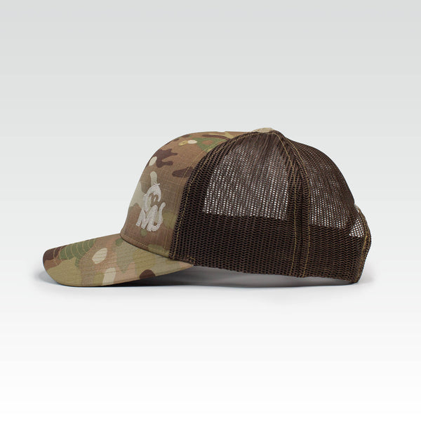 Side view of the Iconic Monkee Multicam Trucker Hat in original and coyote brown