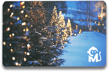 Load image into Gallery viewer, Gift card with a picture of a row of Christmas trees lit up in a snowy backyard
